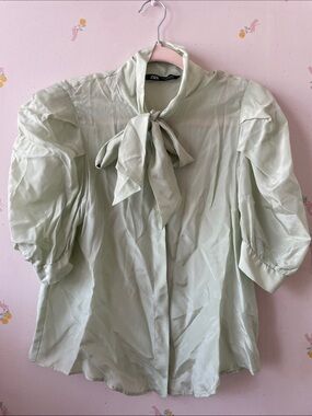 Zara Pale Mint Tie-Neck Puff Sleeve Blouse